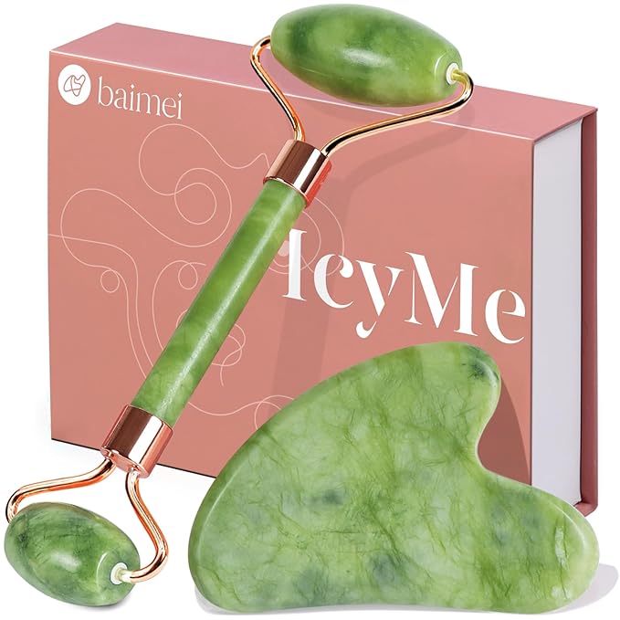 ICYME jade roller and gua sha set with box, used for facial massage and cold therapy